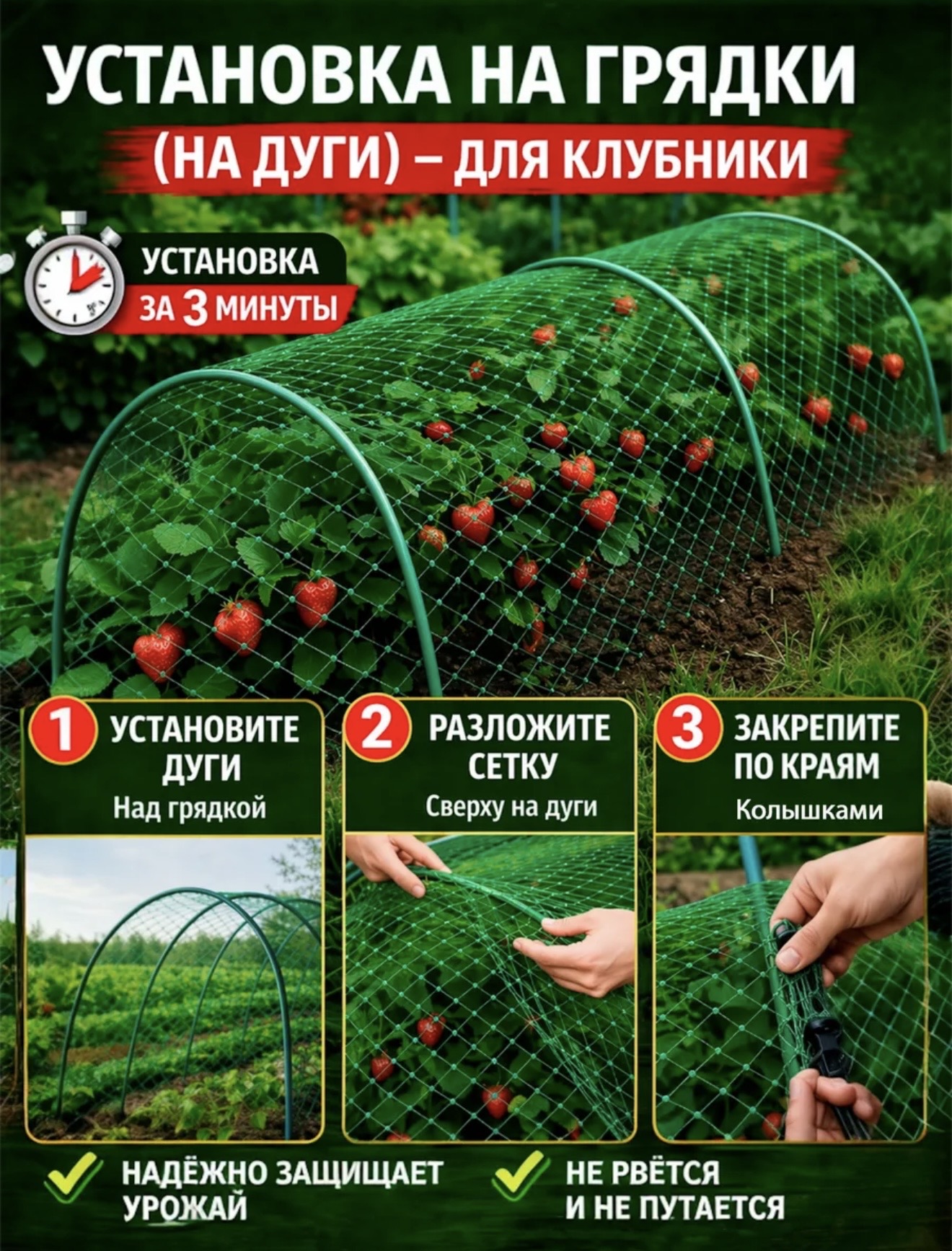 Клубника: пример использования защитной сетки