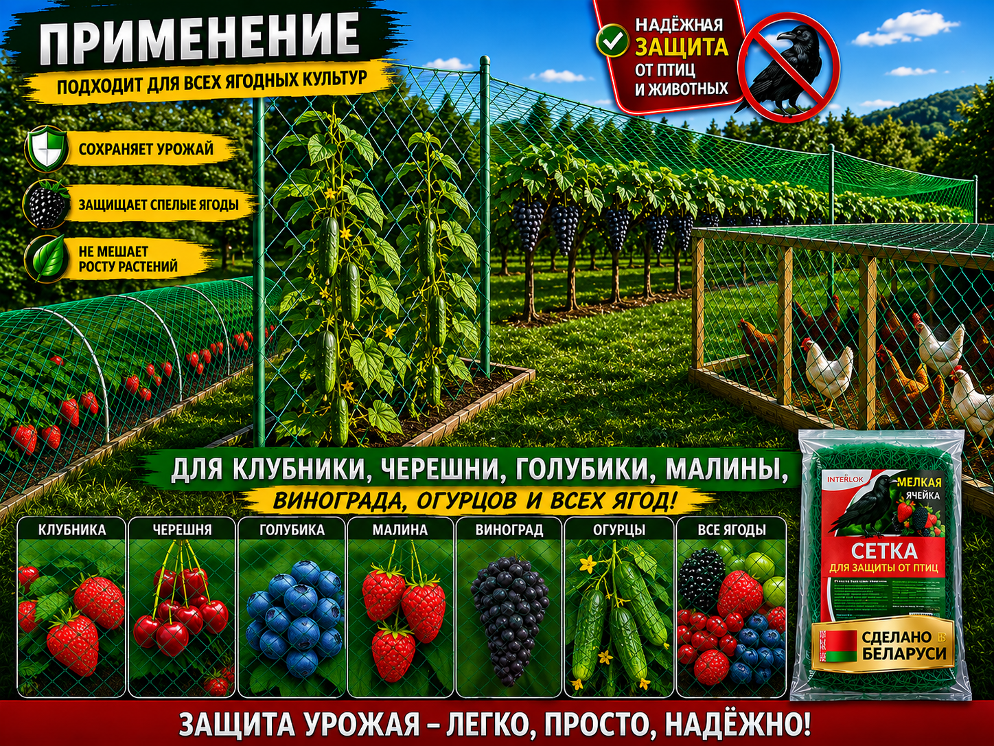 Применение защитной сетки Интерлок для ягод, винограда, огурцов и подсобных хозяйств